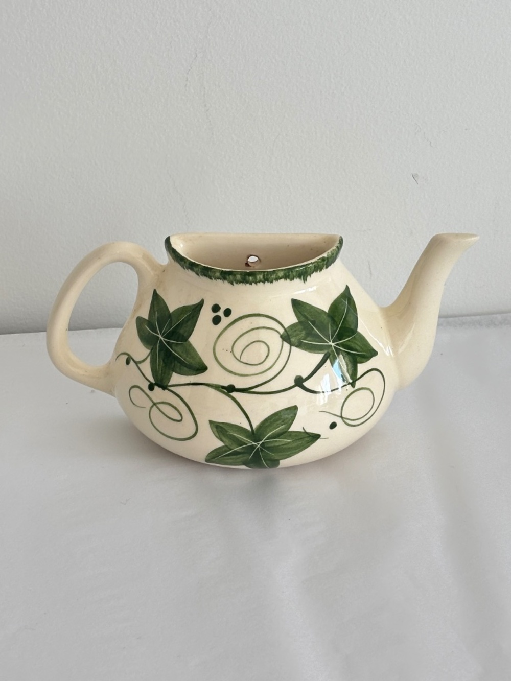 Vintage mid century ceramic teapot wall pocket flat back for hanging green ivy